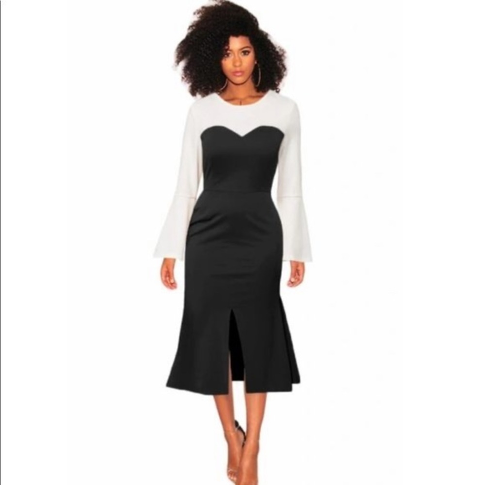 Long Bell Sleeve Black Midi Dress